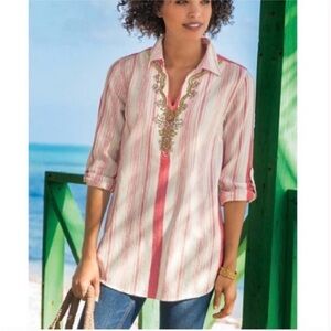 Soft Surroundings Striped Gauze Embellished Tunic | Size Large
